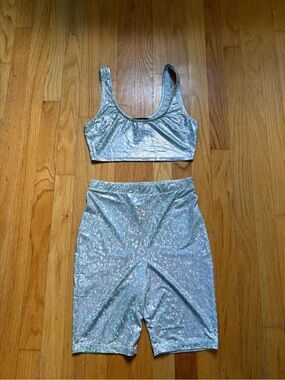 Forever 21 Holographic Silver Crop Top & Shorts Set